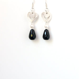 Black Small Onyx Teardrop with Sterling Silver Heart Earrings