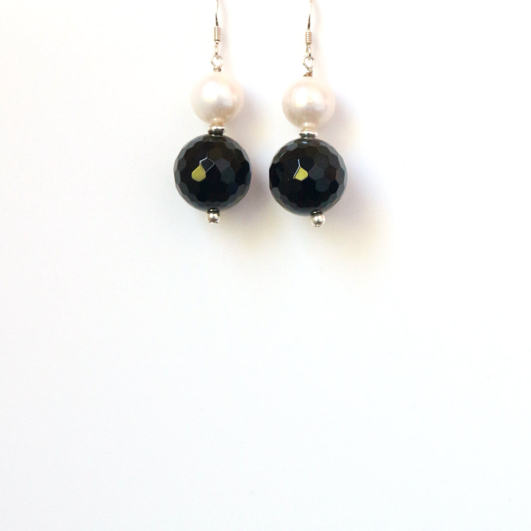 Black Facetted Onyx with Pearl Earrings
