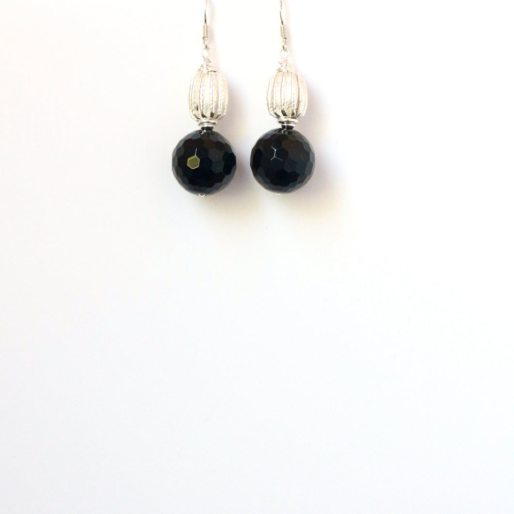 Black Facetted Onyx and Decorative Sterling Silver Bead