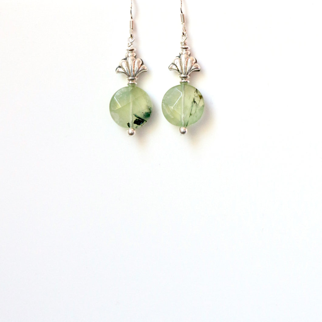 Green  Phrenite and Sterling Silver Fan Earrings
