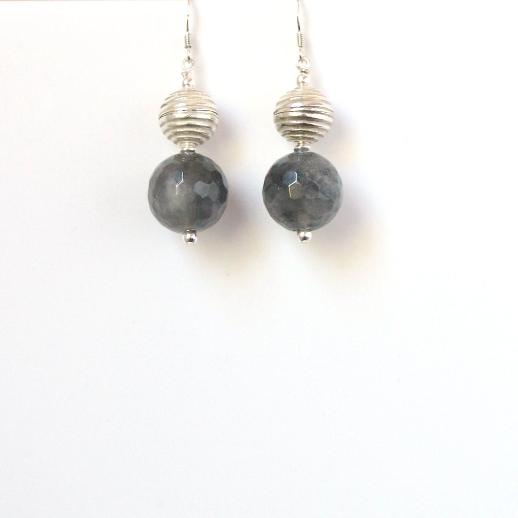Grey Rutile Quartz with Decorative Sterling Silver Bead Earrings
