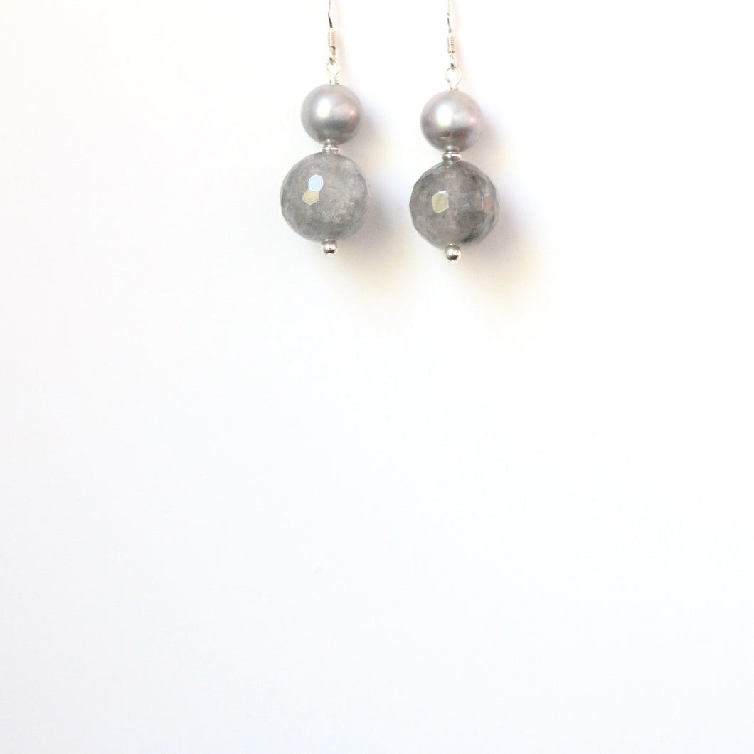 Grey Facetted Rutile Quartz and Pearl Earrings
