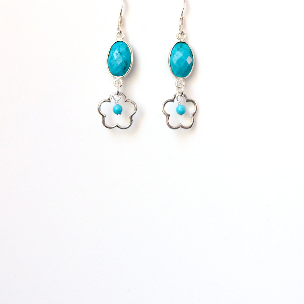 Turquoise(Chinese) with Sterling Silver Flower Earrings