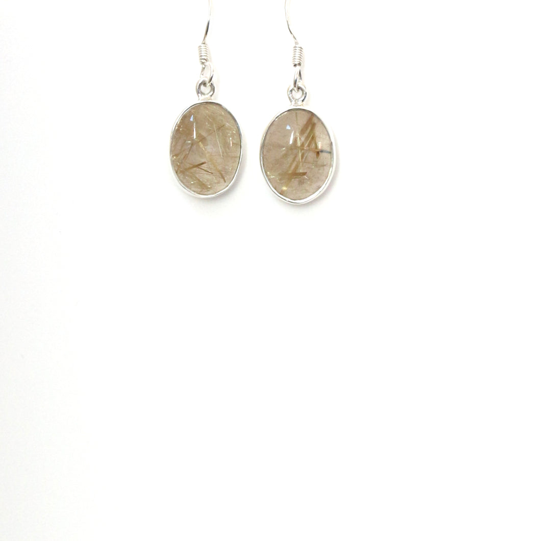 Yellow Gold Oval Rutile Quartz and Sterling Silver Earrings