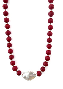 Australian Handmade Red Coral Bead Necklace with Baroque Pearl Centrepiece and Sterling Silver