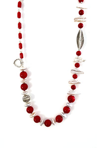 Australian Handmade Red Necklace with Various Shape Pearls and Sterling Silver