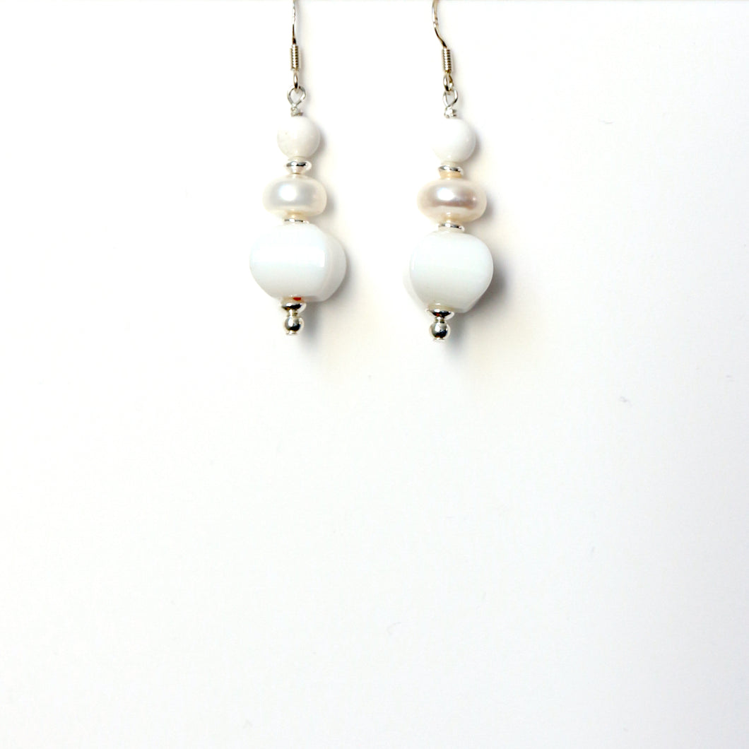 White Agate Jade Pearl and Sterling Silver Earrings