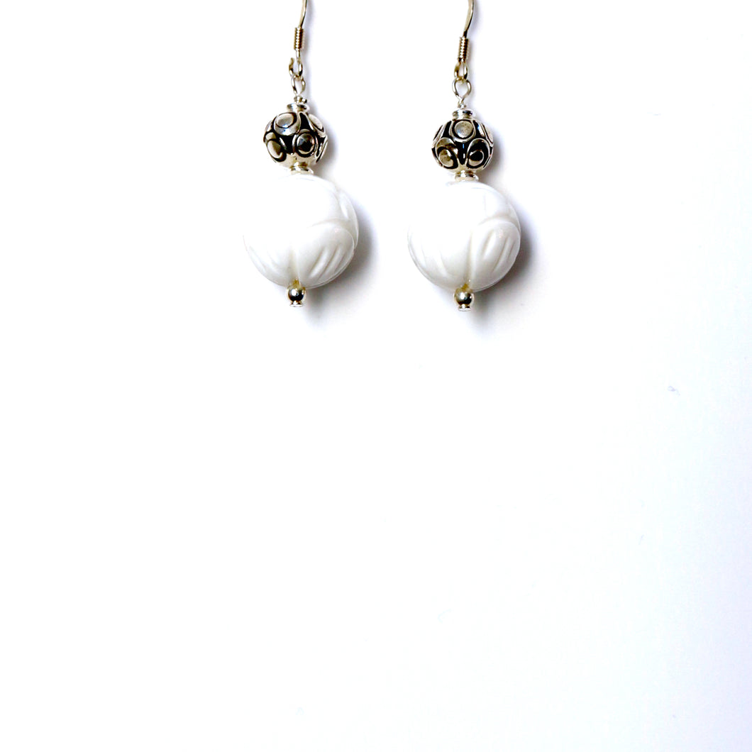 White Giant Clamshell with Decorative Sterling Silver Bead Earrings