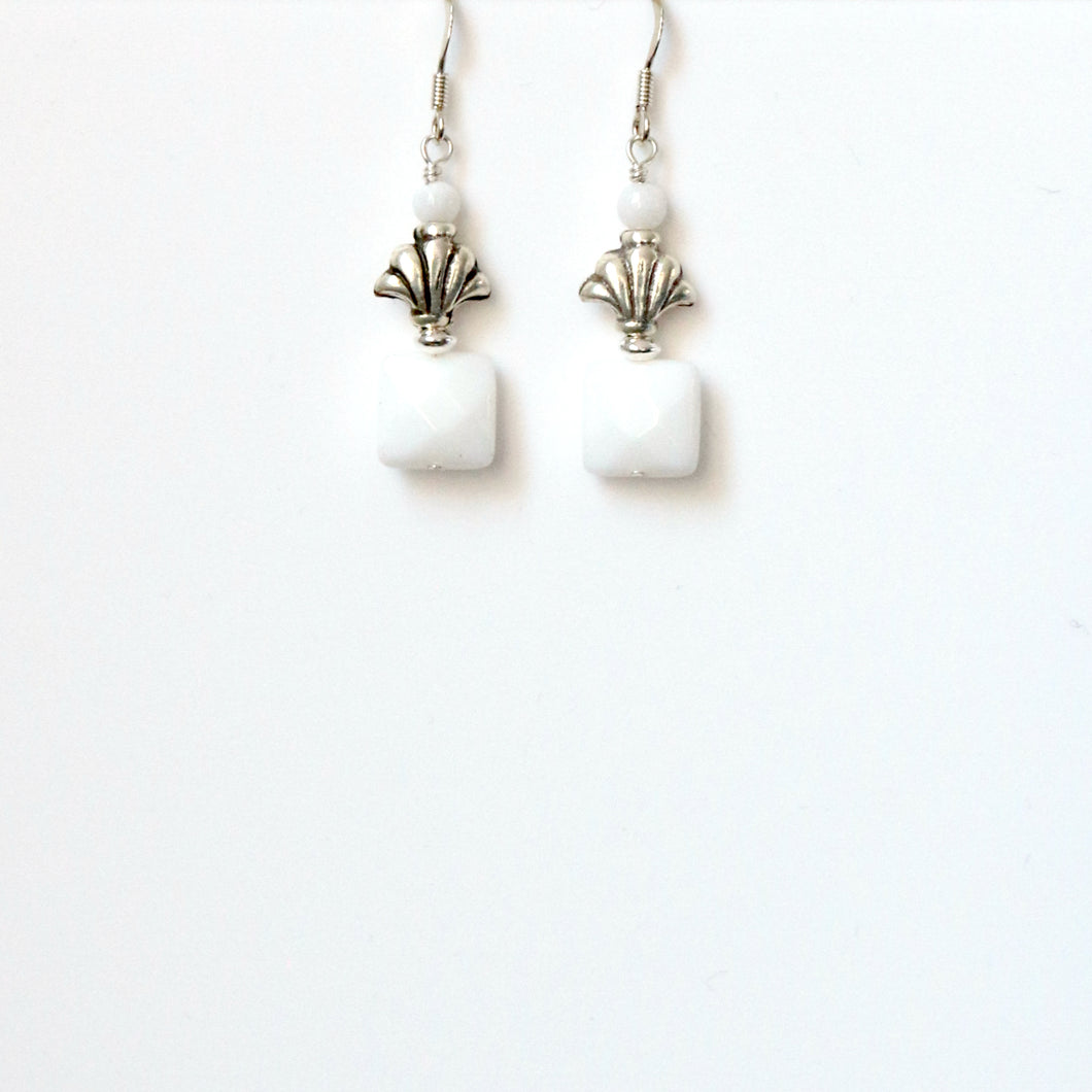 White Facetted Square Agate and Sterling Silver Fan Earrings