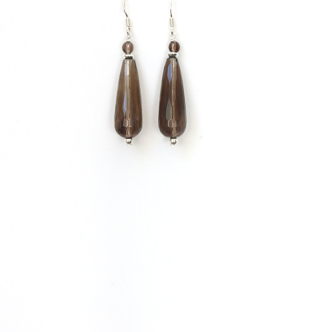 Brown Facetted Long Teardrop Smoky Quartz and Sterling Silver Earrings