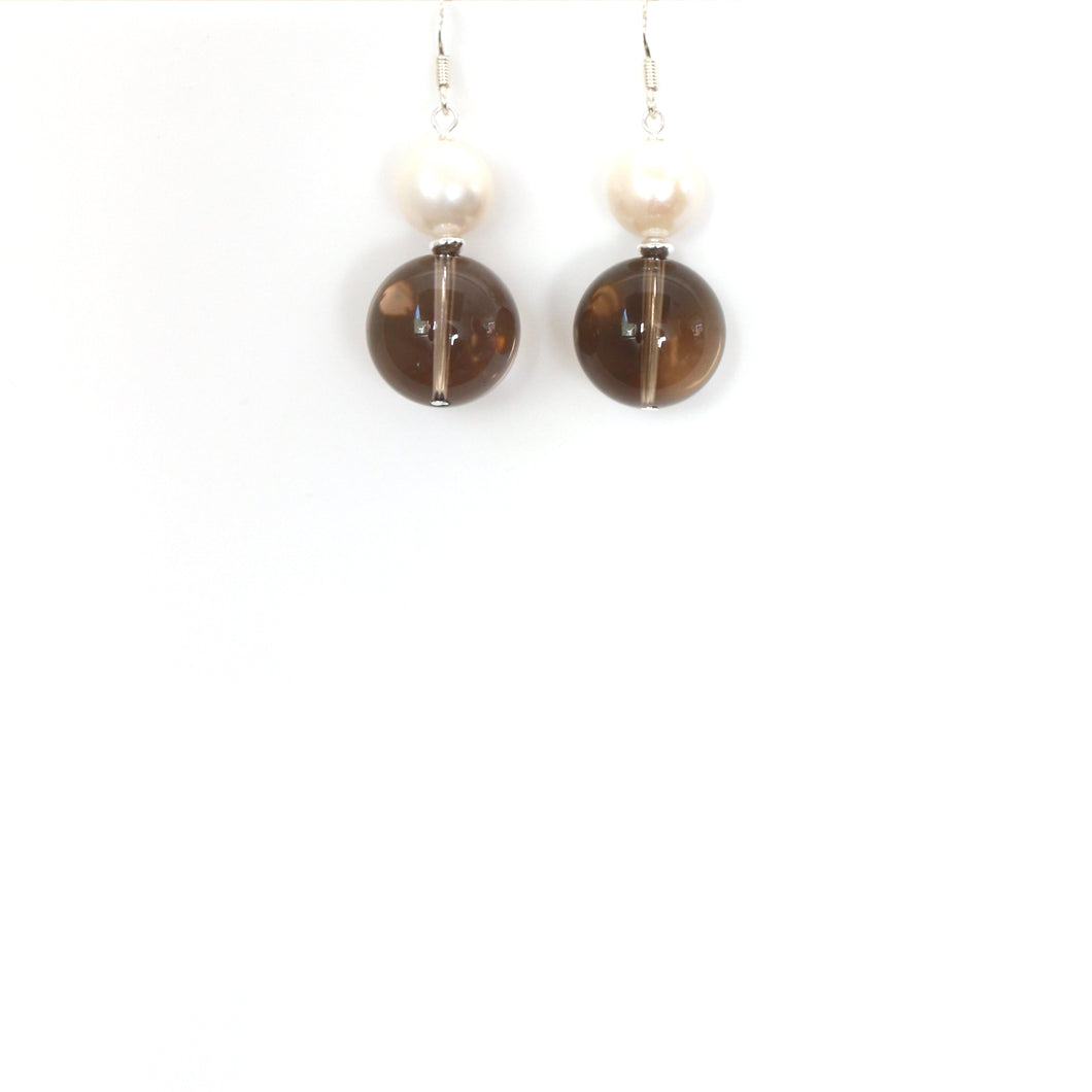 Brown Smoky Quartz Pearl and Sterling Silver Earrings