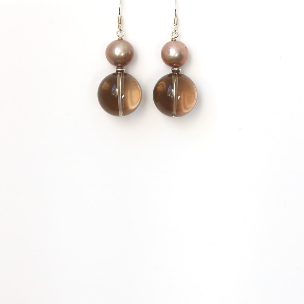 Brown Polished Smoky Quartz Champagne Pearl and Sterling Silver Earrings