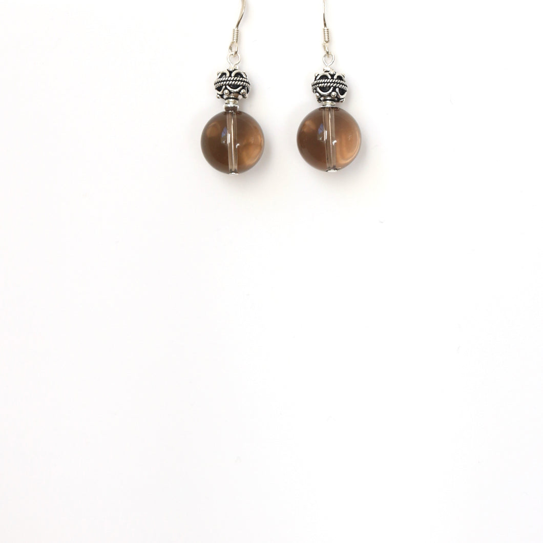 Brown Smoky Quartz with Decorative Sterling Silver Bead Earrings