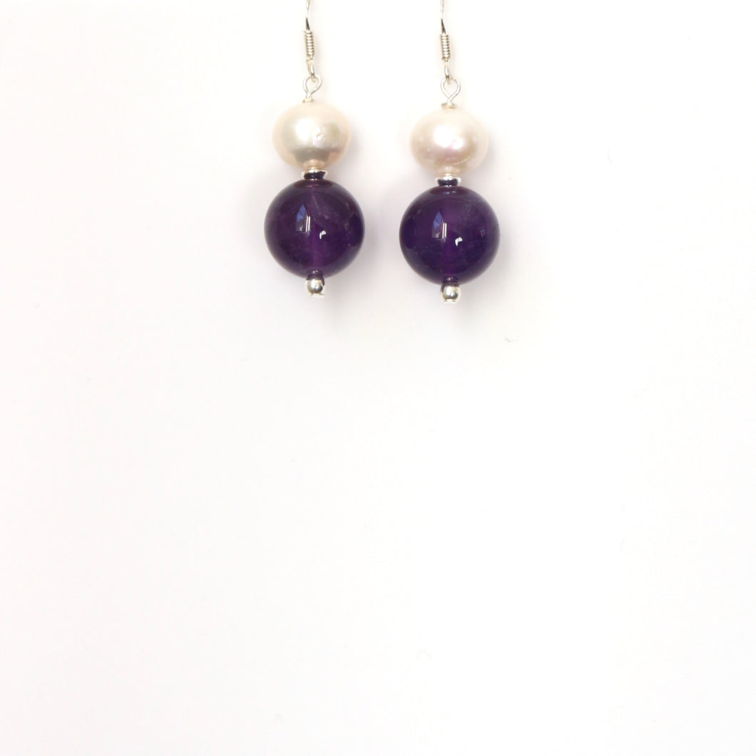 Purple Dark Amethyst with Pearl and Sterling Silver Earrings