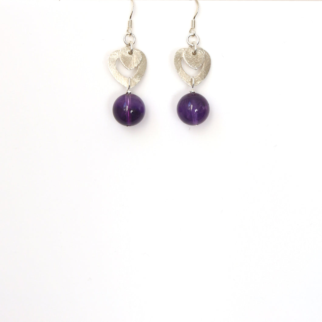 Purple Polished Dark Amethyst with Sterling Silver Heart Earrings