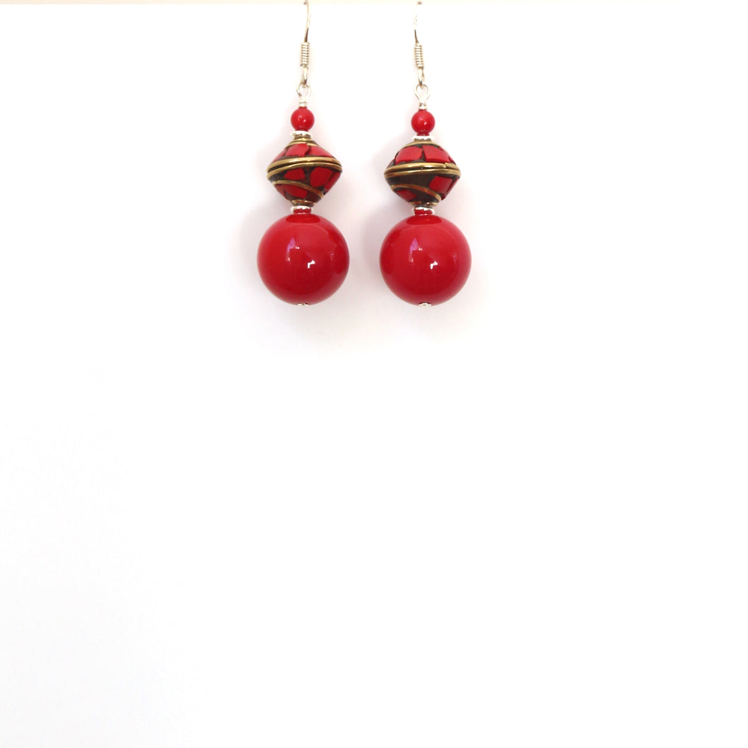Red Coral Nepalese Bead and Sterling Silver Earrings