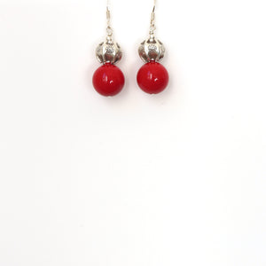 Red Coral and Decorative Sterling Silver Bead Earrings