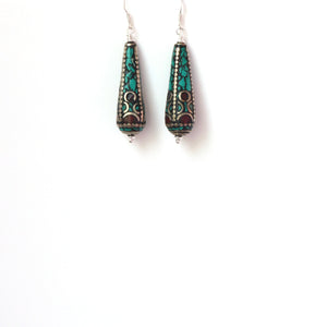 Nepalese Bead inlaid with Coral Turquoise and Silver Earrings