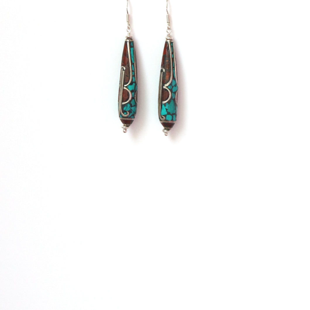 Nepalese Long Bead Coral and Turquoise Earrings
