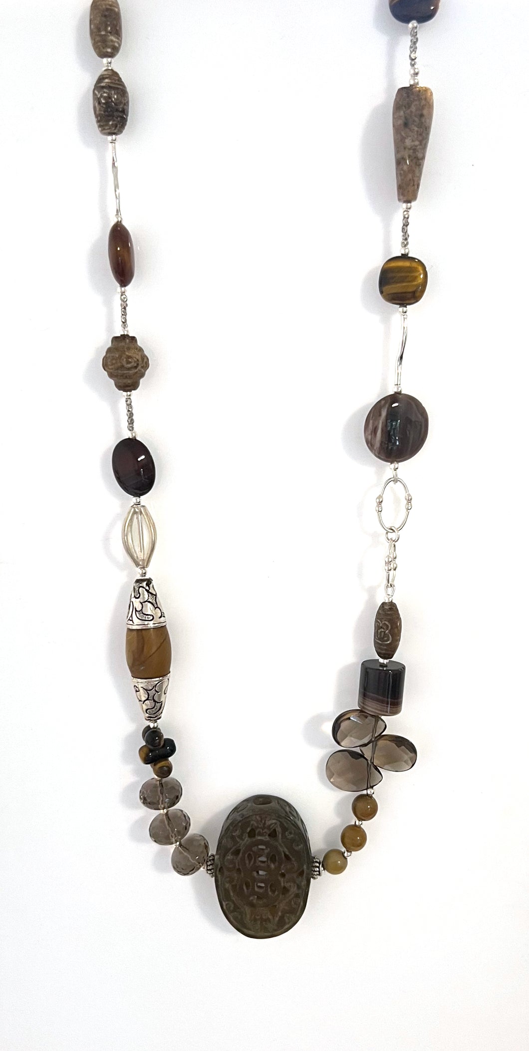 Australian Handmade Brown Necklace with Jasper Smoky Quartz Tigers Eye Agate Jade and Sterling Silver