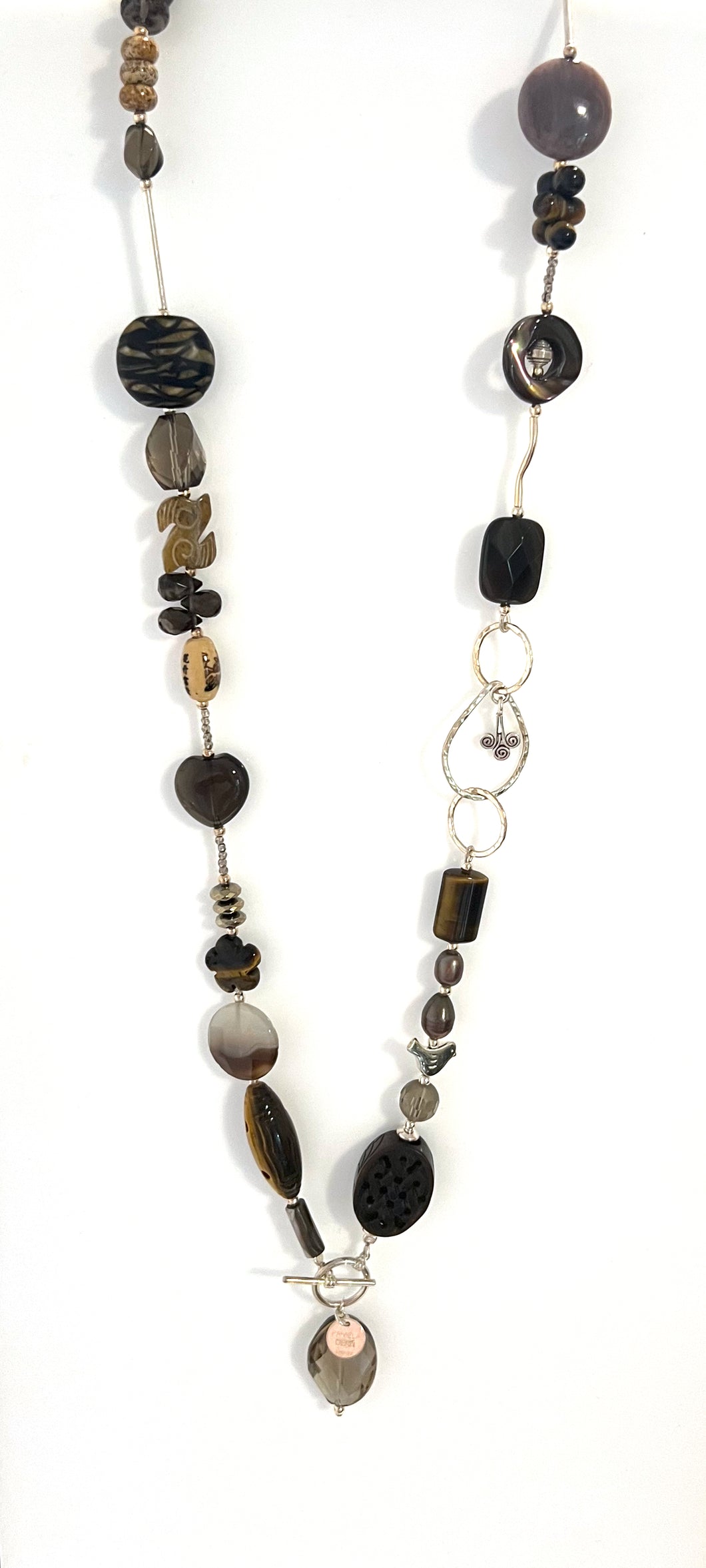 Australian Handmade Brown Fob Necklace with Smoky Quartz Agate Tigers Eye Jade and Sterling Silver