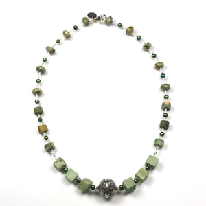 Australian Handmade Green Necklace with Imperial Jasper Rhyolite Green Pearls and Sterling Silver