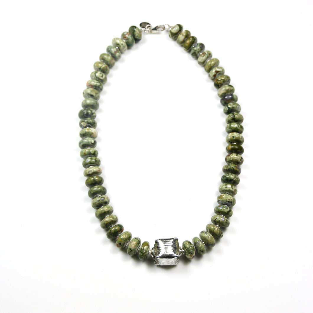 Australian Handmade Green Necklace with Rhyolite and Sterling Silver Centrepiece