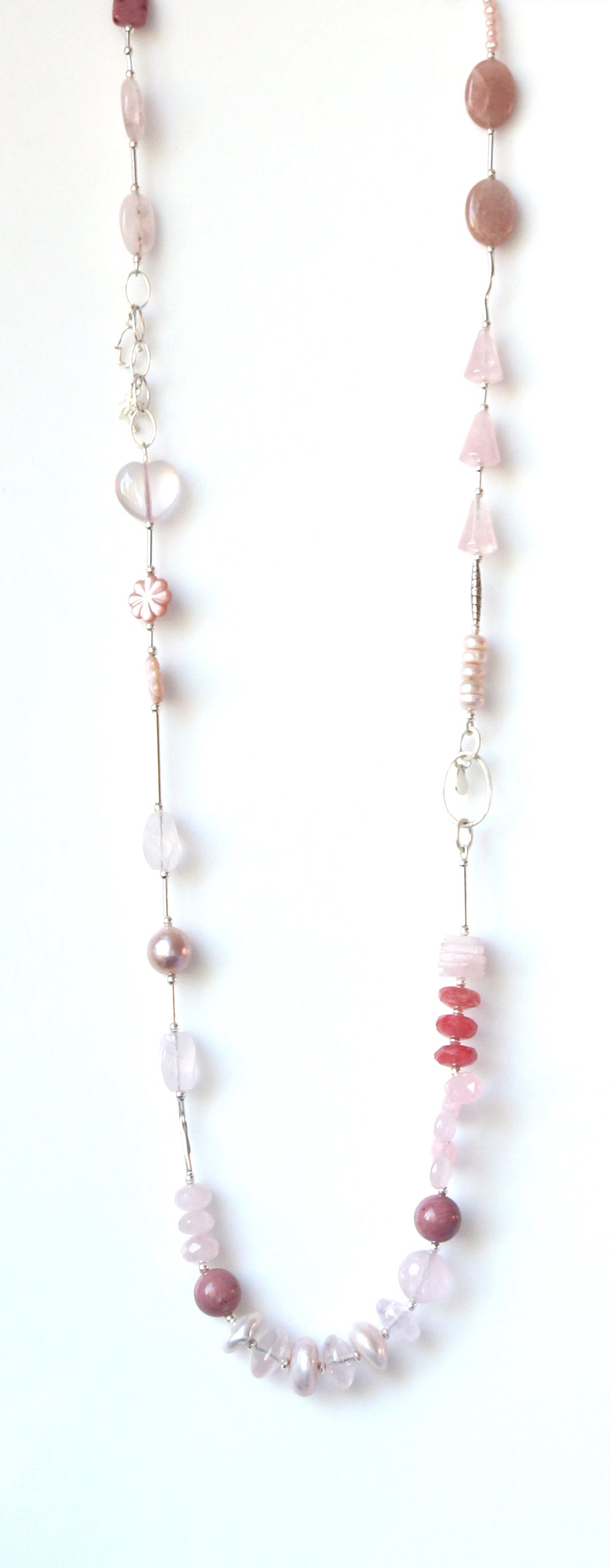 Australian Handmade Pink Necklace with Rose Quartz Moonstone Rhodonite Pearls and Sterling Silver