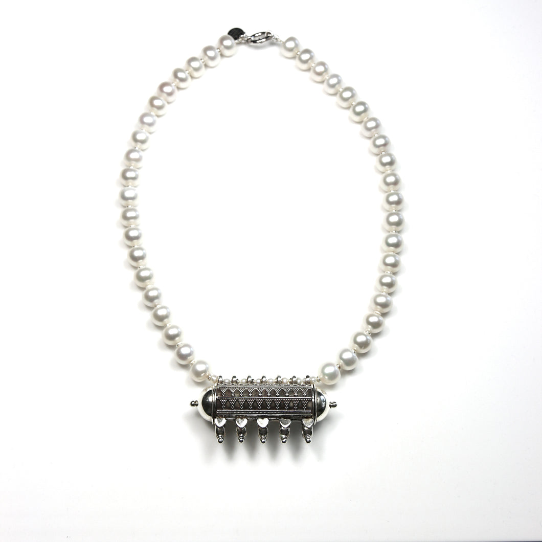 Australian Handmade White Pearl Necklace with Old Afghani Sterling Silver Pendant