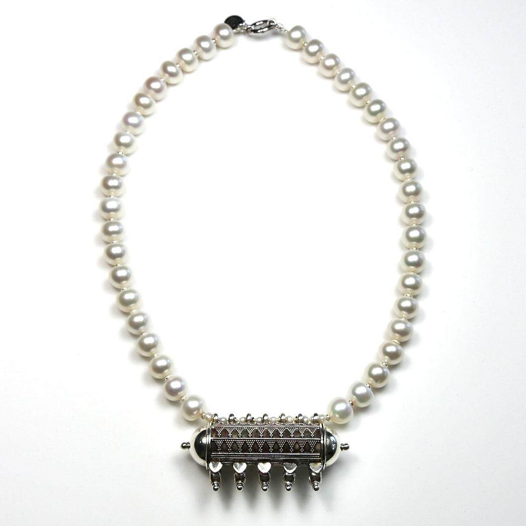 Australian Handmade White Pearl Necklace with Old Afghani Pendant