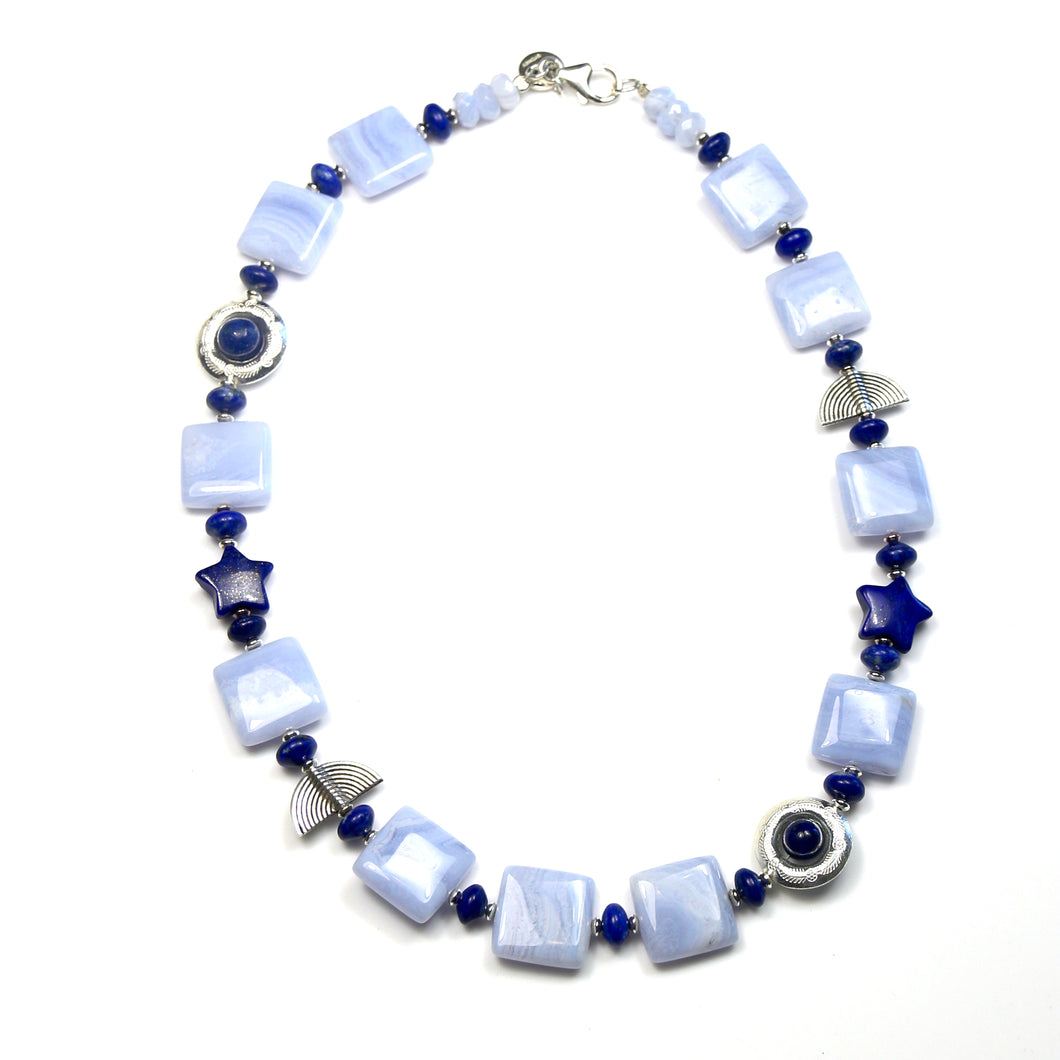 Australian Handmade Blue Necklace with Lapis Lazuli Blue Lace Agate and Sterling Silver