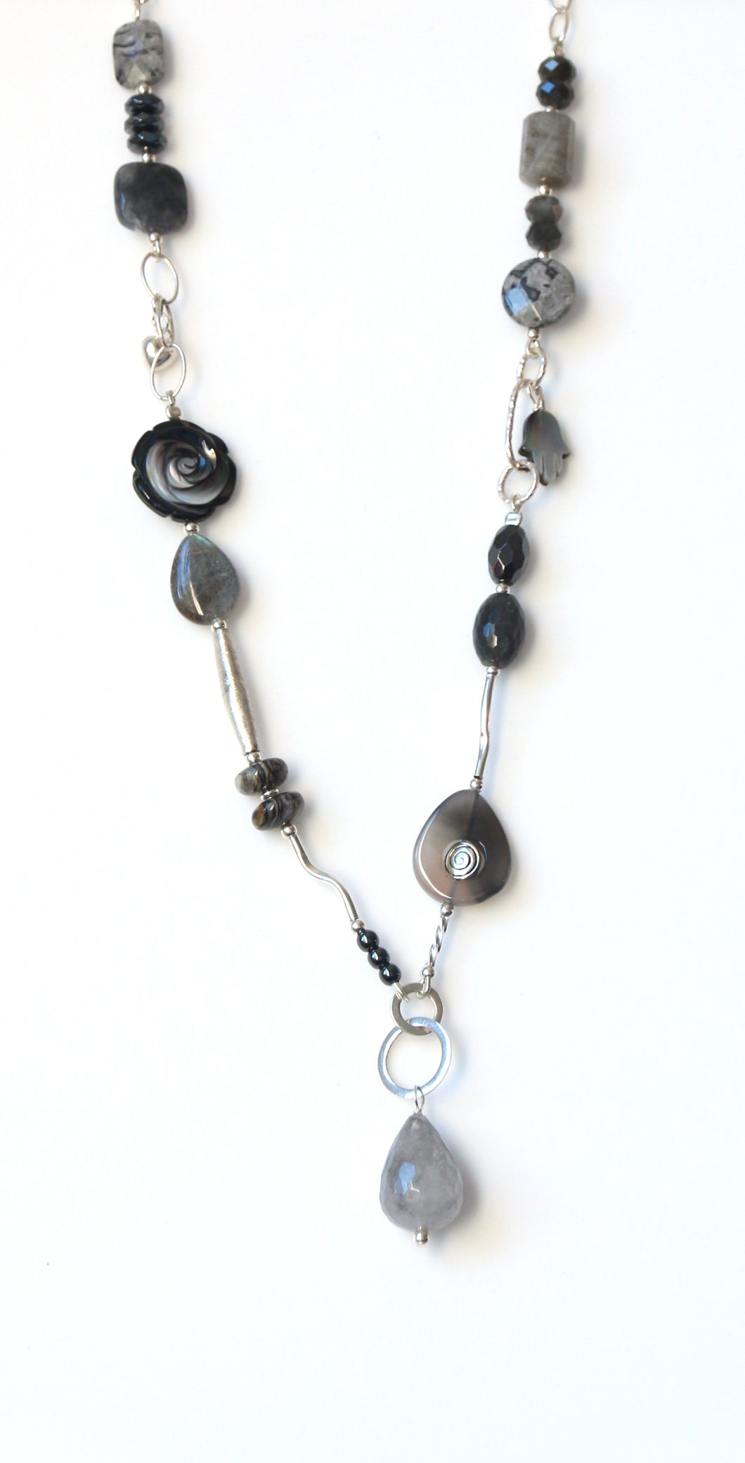 Australian Handmade Grey Necklace with Labradorite Agate Grey Quartz Mother of Pearl and Sterling Silver