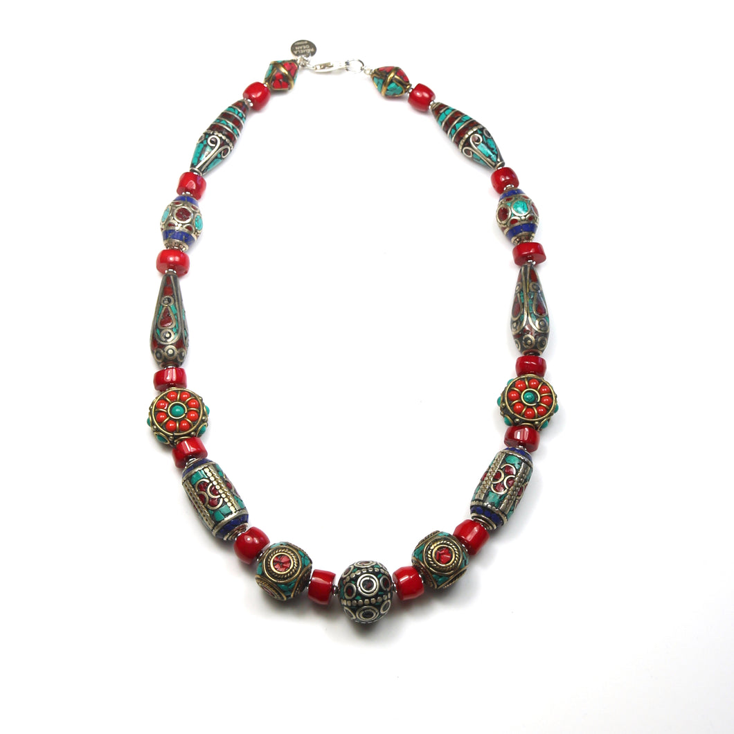 Australian Handmade Red Coral Necklace with Assorted Nepalese Beads