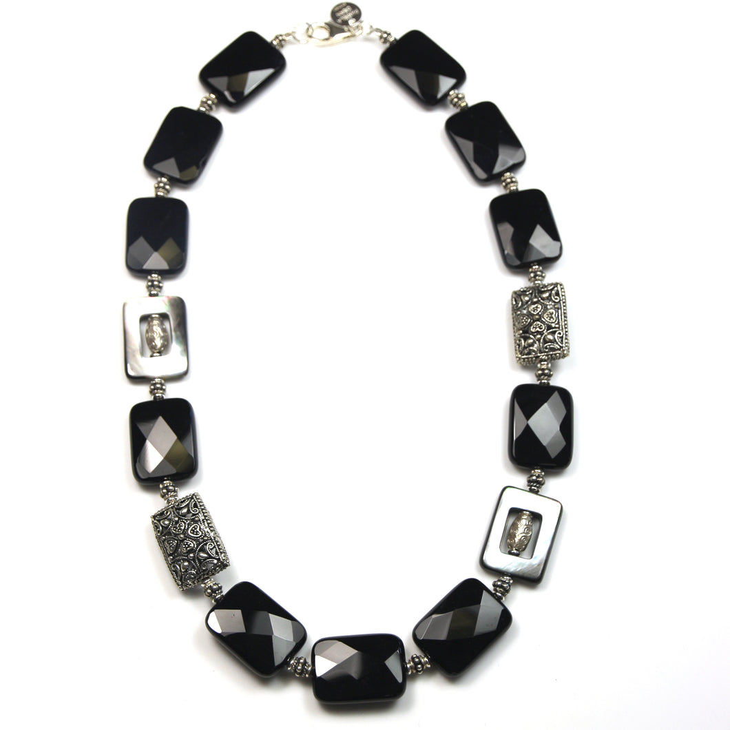 Australian Handmade Black Facetted Onyx Mother of Pearl and Sterling Silver Necklace