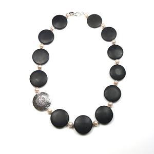 Australian Handmade Black Matt Jade  and Pearl Necklace with Sterling Silver