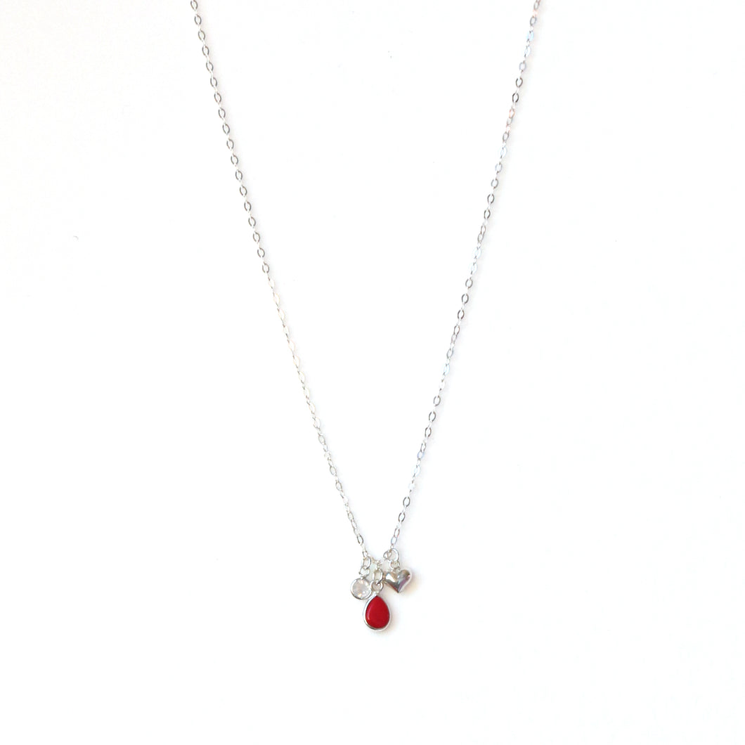 Sterling Silver Necklace with Coral Cubic Zirconia and Silver Charm