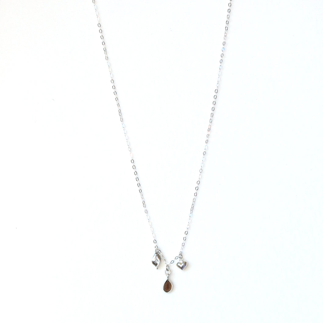 Sterling Silver Chain Necklace with Sterling Silver Charms and Smoky Quartz Teardrop set in Silver