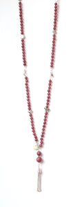 Australian Handmade Pink Long Tassel Necklace with Rhodonite and Sterling Silver Charms