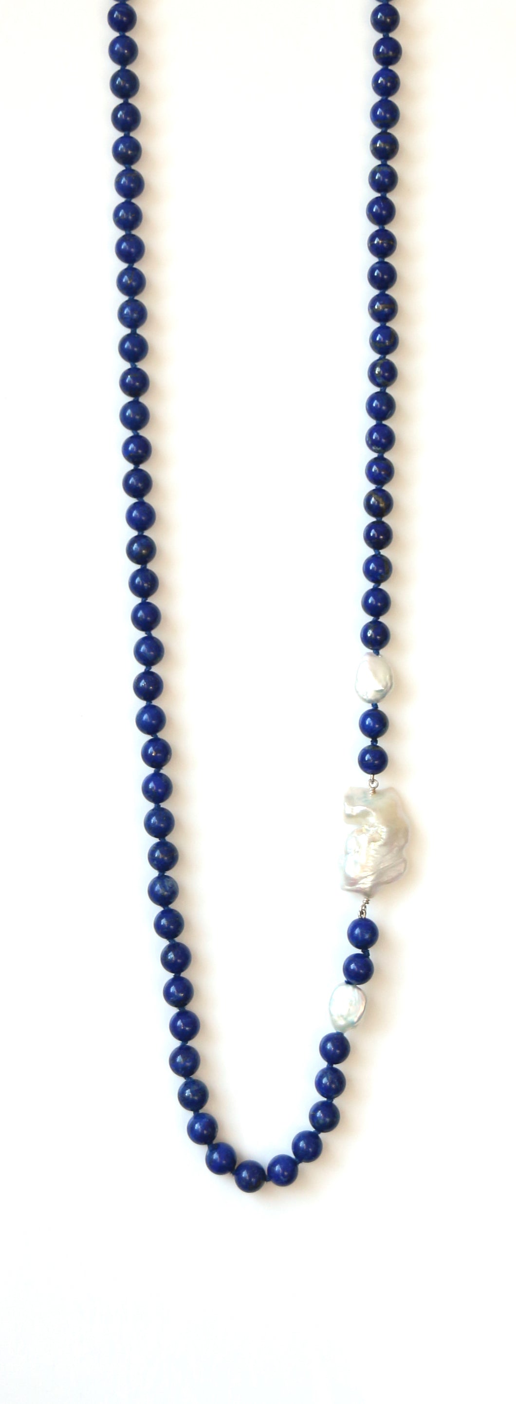 Australian Handmade Blue Necklace with Lapis Lazuli featuring Baroque Pearl Sidepieces