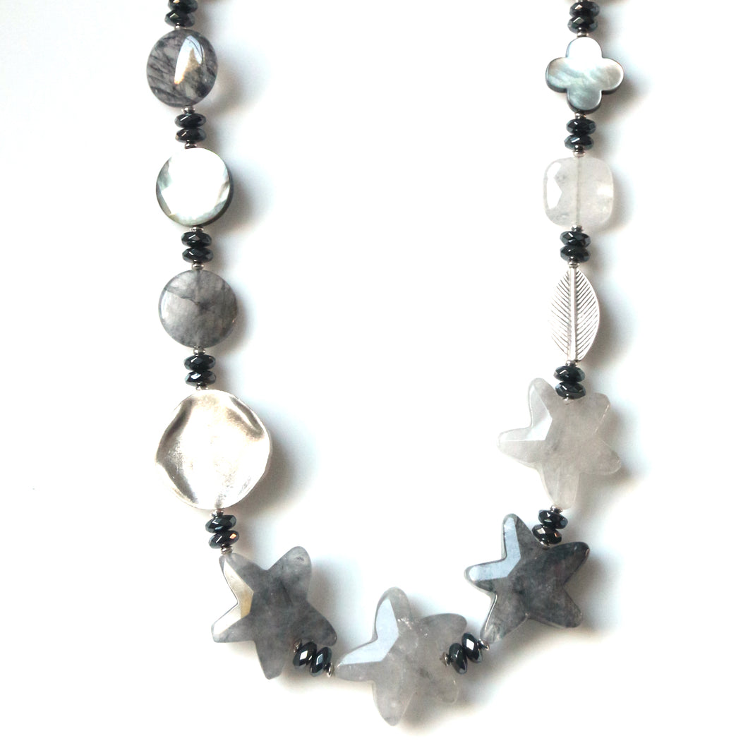 Australian Handmade Grey Necklace with Grey Rutile Quartz Mother Of Pearl Hematite and Sterling Silver