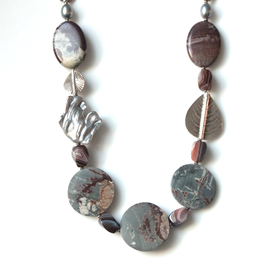 Australian Handmade Grey Necklace with Sonoran Dendrite Rhyolite Agate Jasper Baroque Pearl and Sterling Silver