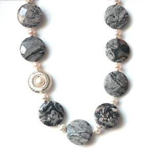 Australian Handmade GreyGrey Necklace with Grey Lace Agate Pearls and Sterling Silver feature piece