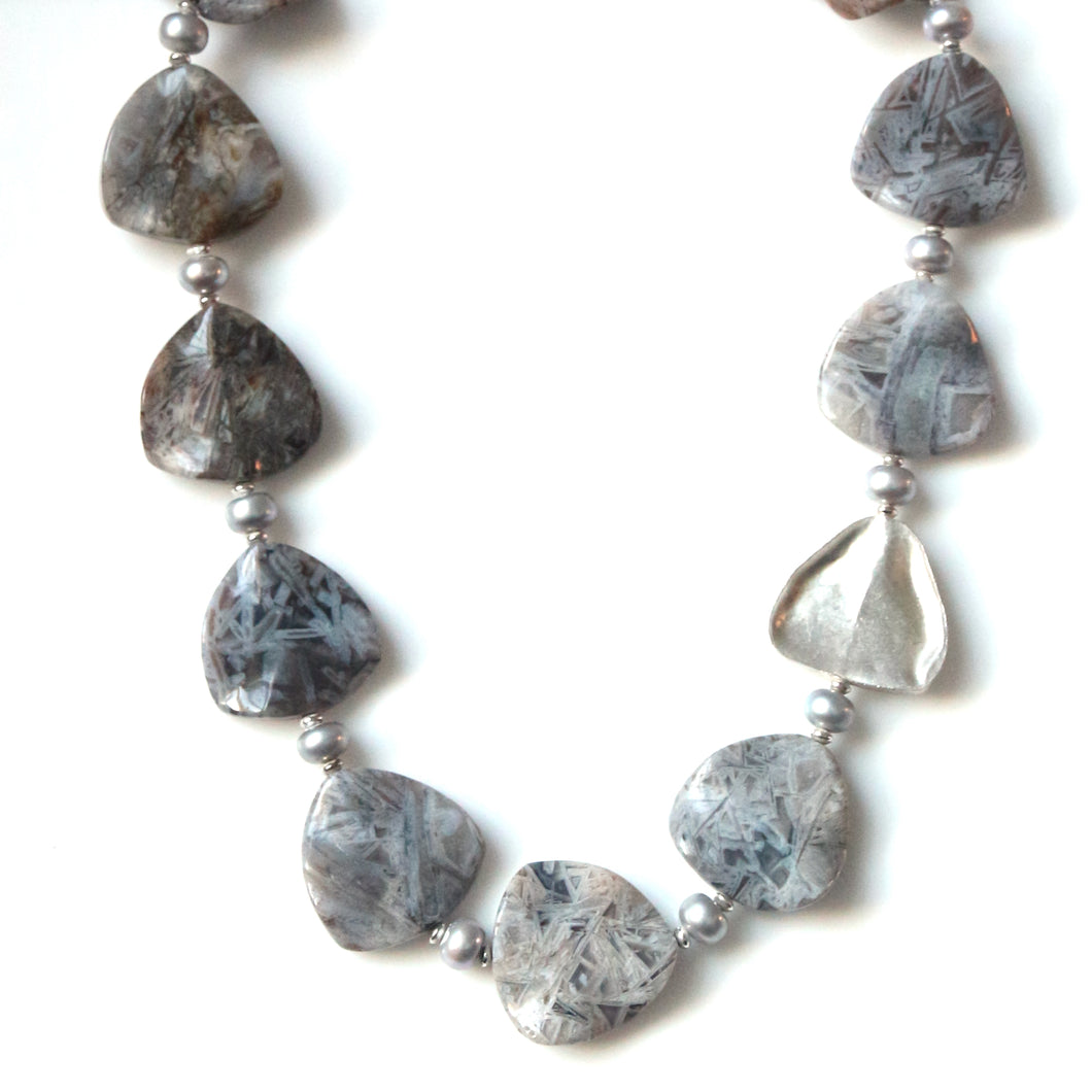 Australian Handmade Grey Necklace with Flower Agate Pearls and Sterling Silver