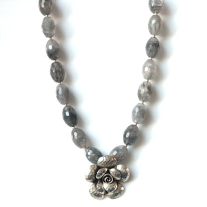 Australian Handmade Grey Rutile Quartz Necklace with Sterling Silver Rose Pendant