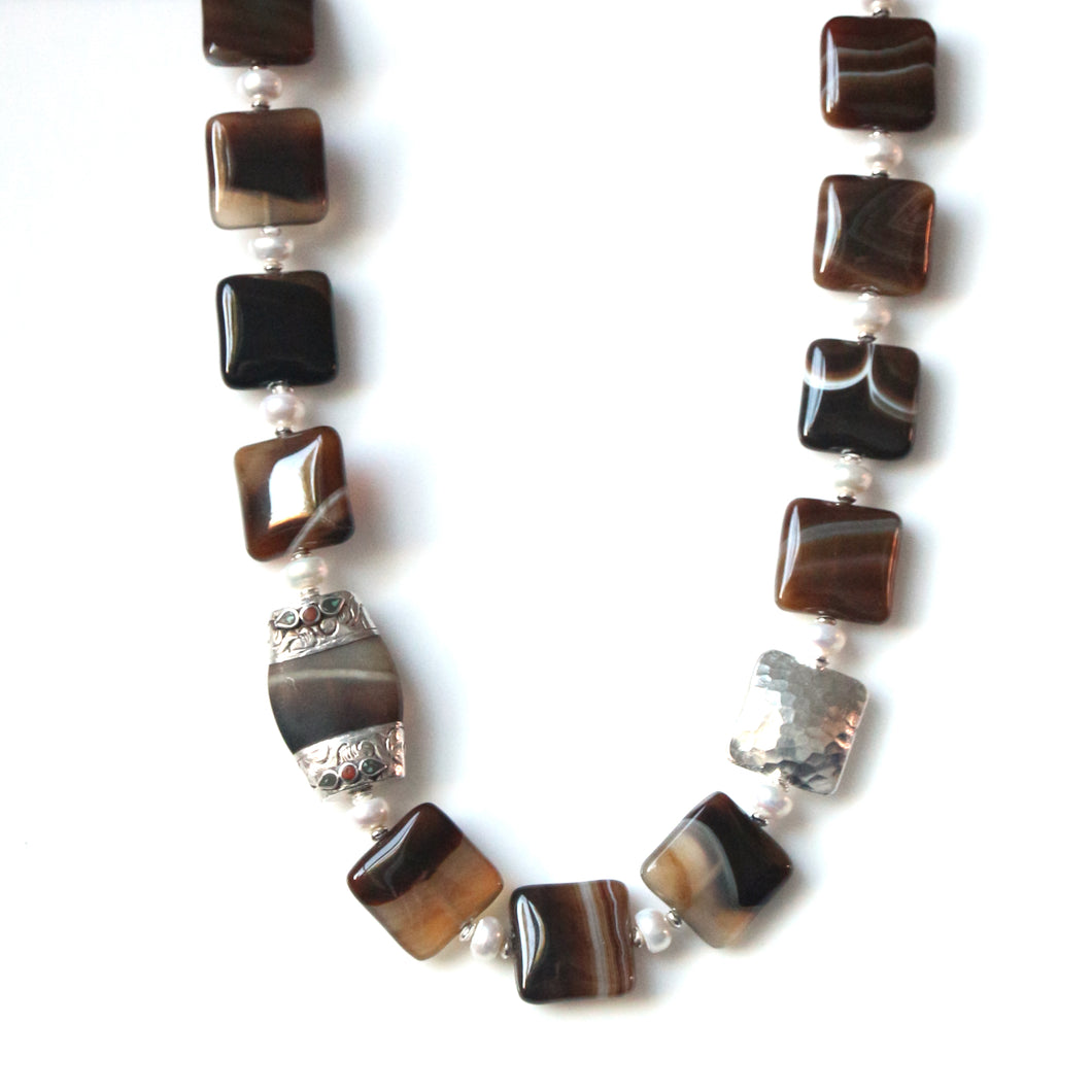 Australian Handmade Brown Necklace with Agate Pearls Sterling Silver and Afghani Bead