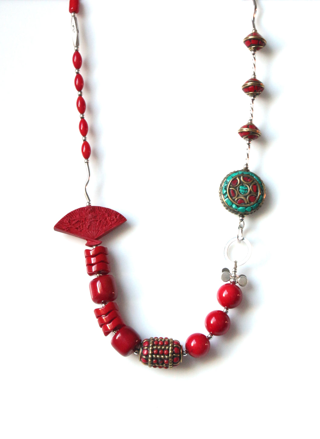 Australian Handmade Red Coral Cinnabar Fan Nepalese Beads Sterling Silver Necklace