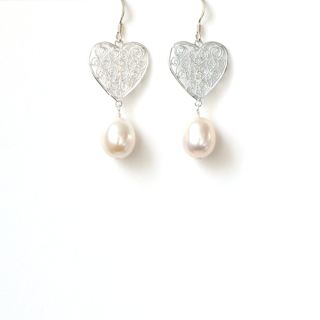Freshwater White Pearl and Sterling Silver Filigree Earrings