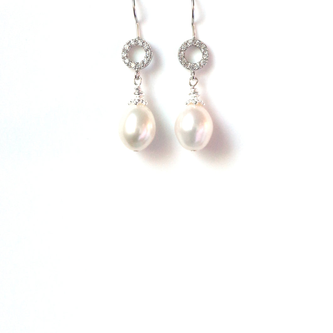 Freshwater White Pearl Cubic Zirconia and Sterling Silver Earrings