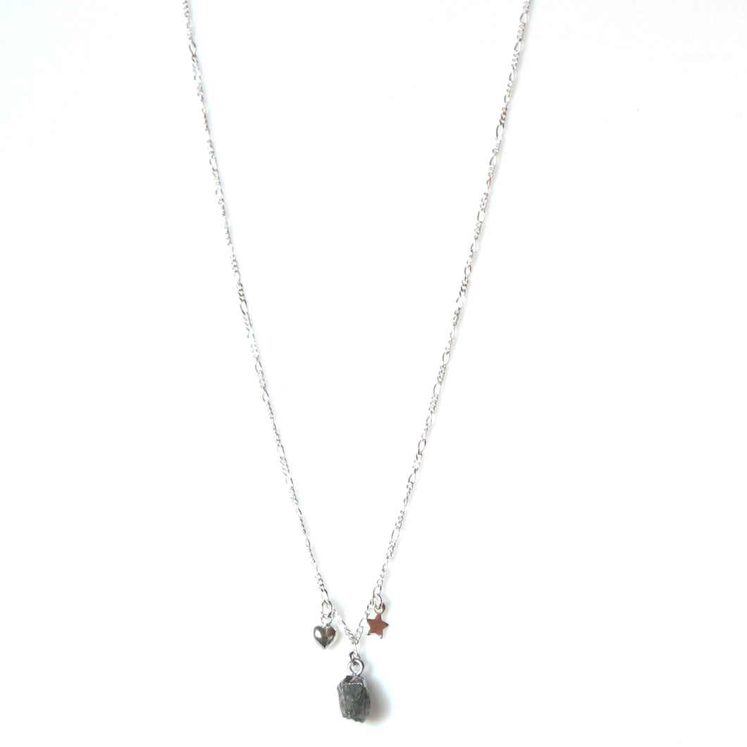 Sterling Silver Chain Necklace with Natural Grey Rutilated Quartz and Sterling Silver Charms