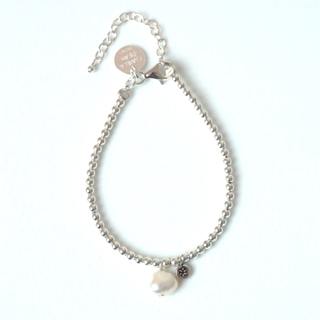 Sterling Silver Bracelet with Pearl and Sterling Silver Charm